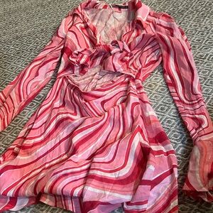 Zara Pink Patterned LS Mini Dress Size XS